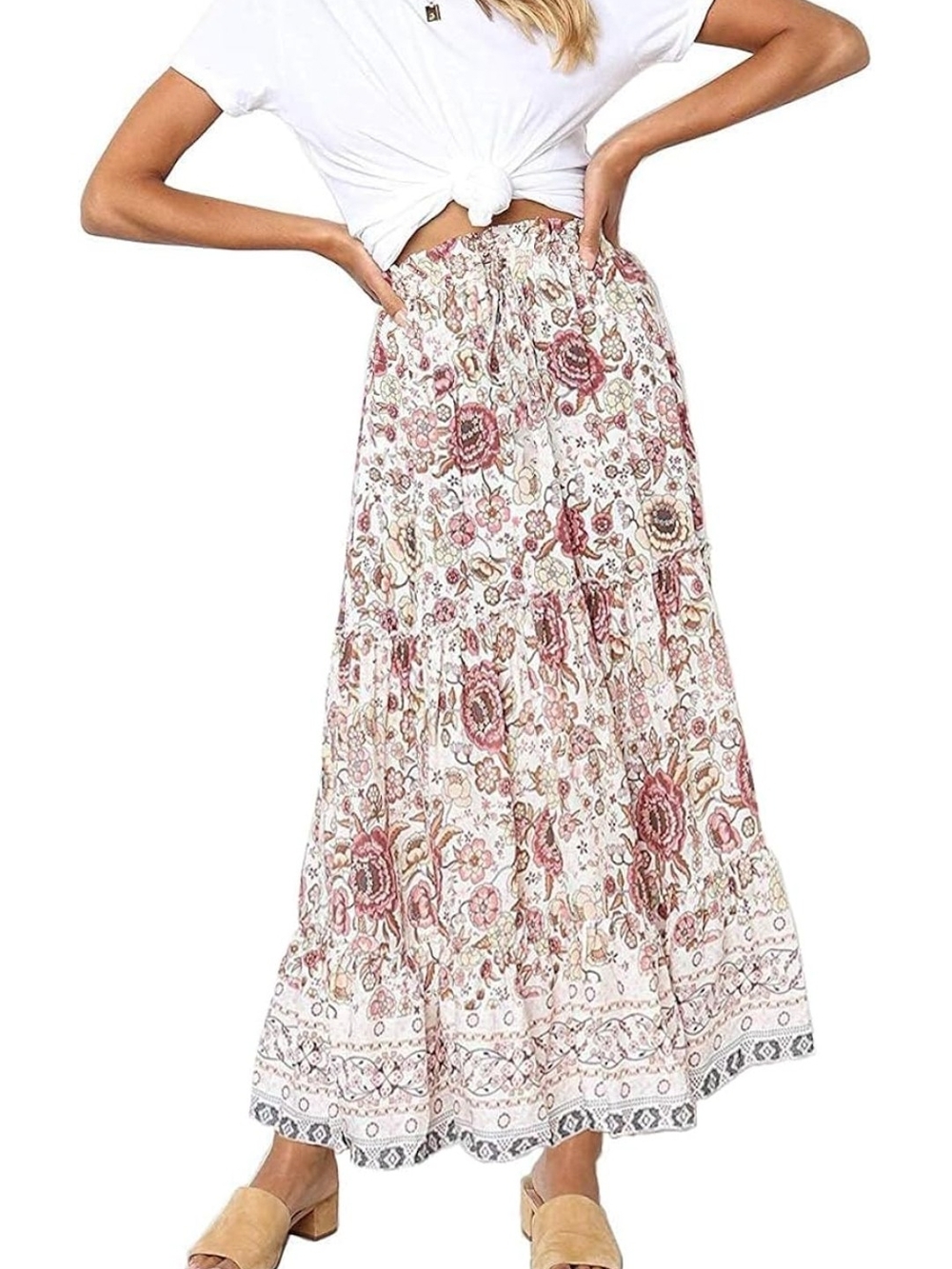 MEROKEETY Women's Boho Floral Elastic High Waist  A Line Maxi Skirt